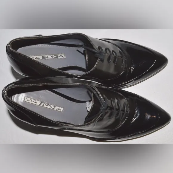 VIA SPIGA 7.5 M BLACK METALLIC GRAY PATENT LEATHER LACE UP PUMPS HEELS SHOES