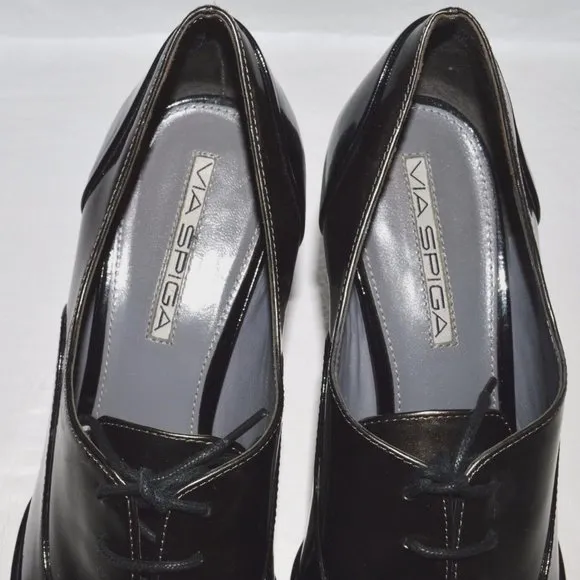 VIA SPIGA 7.5 M BLACK METALLIC GRAY PATENT LEATHER LACE UP PUMPS HEELS SHOES