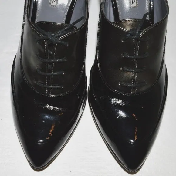 VIA SPIGA 7.5 M BLACK METALLIC GRAY PATENT LEATHER LACE UP PUMPS HEELS SHOES