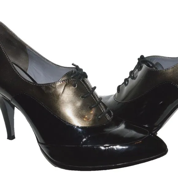 VIA SPIGA 7.5 M BLACK METALLIC GRAY PATENT LEATHER LACE UP PUMPS HEELS SHOES