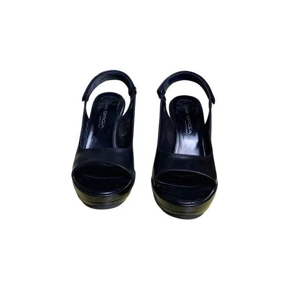 Via Spiga Lavina Black Leather Sling Back Peep Toe Platform Heels - size  7.5 A