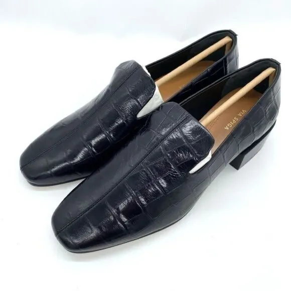 Via Spiga Women's Baudelaire Loafer Black Embossed Leather New