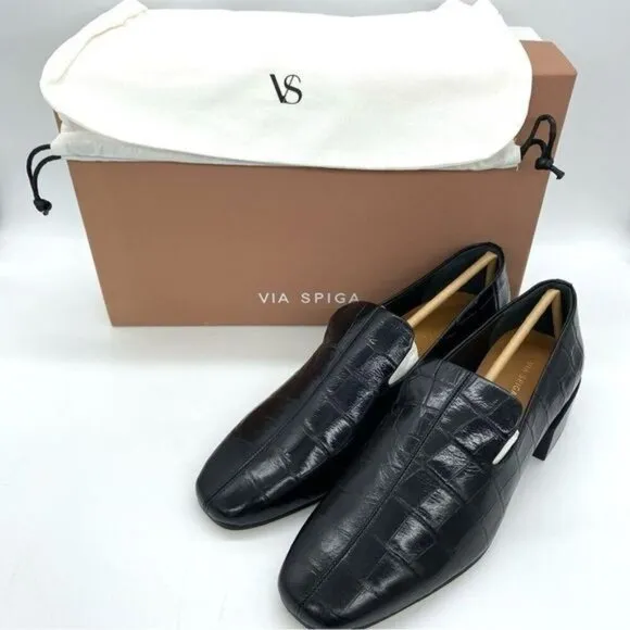 Via Spiga Women's Baudelaire Loafer Black Embossed Leather New