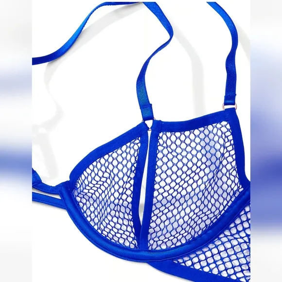 Victoria's secret very sexy fishnet open cup demi bra LARGE BLUE