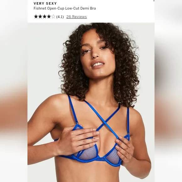 Victoria's secret very sexy fishnet open cup demi bra LARGE BLUE