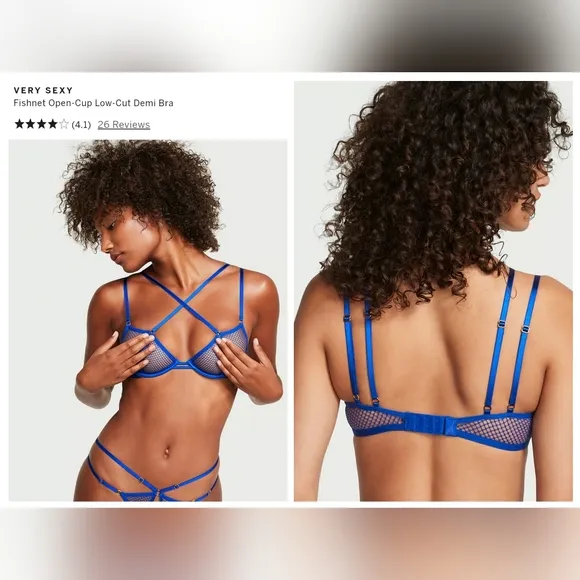 Victoria's secret very sexy fishnet open cup demi bra LARGE BLUE