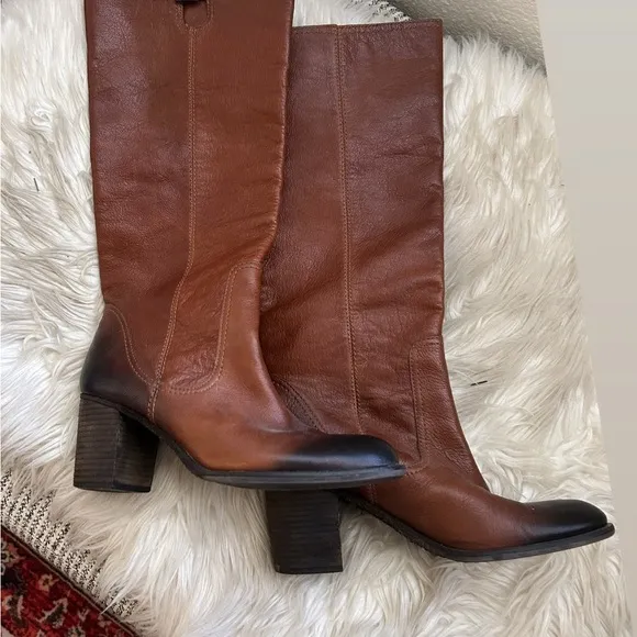 Vince Camuto genuine leather cognac knee high chunky mid boot