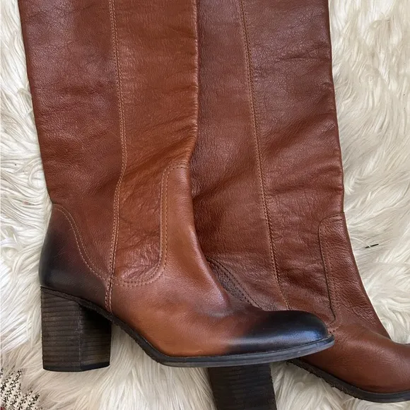 Vince Camuto genuine leather cognac knee high chunky mid boot