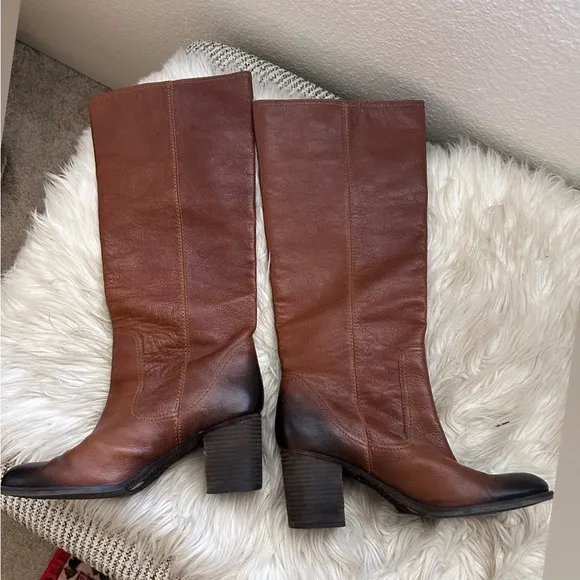 Vince Camuto genuine leather cognac knee high chunky mid boot
