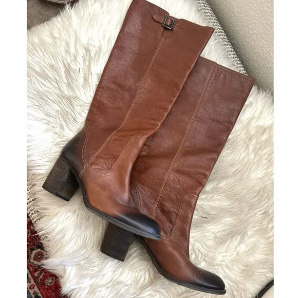 Vince Camuto genuine leather cognac knee high chunky mid boot