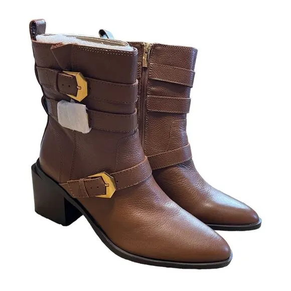 Vince Camuto Leather Buckle Mid-Shaft Zip Boots Kempreea Cocoa Biscuit 9.5 NIB
