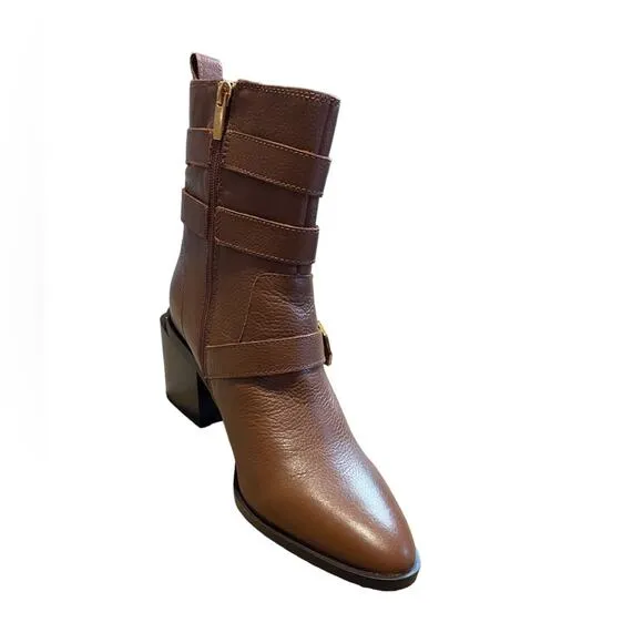 Vince Camuto Leather Buckle Mid-Shaft Zip Boots Kempreea Cocoa Biscuit 9.5 NIB