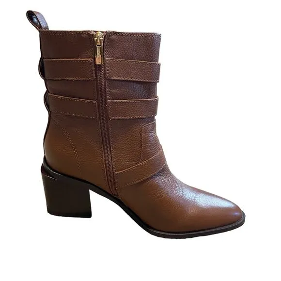 Vince Camuto Leather Buckle Mid-Shaft Zip Boots Kempreea Cocoa Biscuit 9.5 NIB