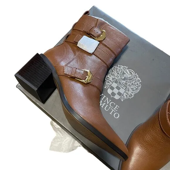 Vince Camuto Leather Buckle Mid-Shaft Zip Boots Kempreea Cocoa Biscuit 9.5 NIB