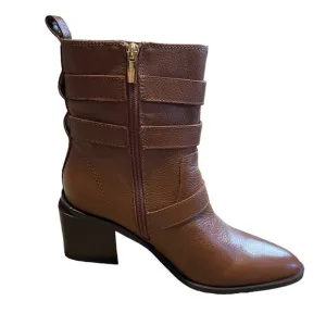 Vince Camuto Leather Buckle Mid-Shaft Zip Boots Kempreea Cocoa Biscuit 9.5 NIB