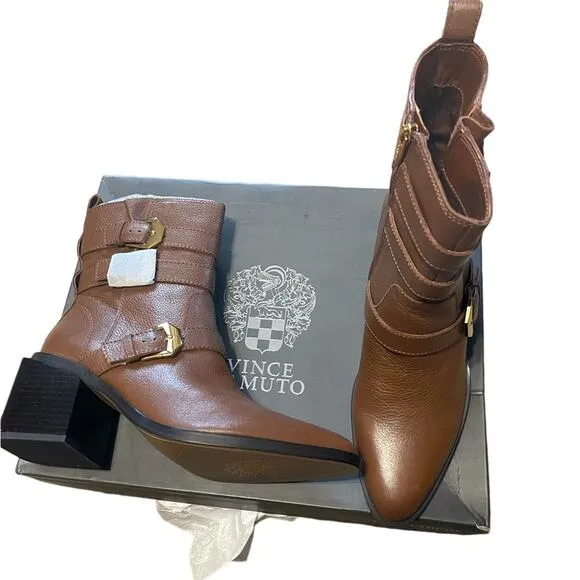 Vince Camuto Leather Buckle Mid-Shaft Zip Boots Kempreea Cocoa Biscuit 9.5 NIB