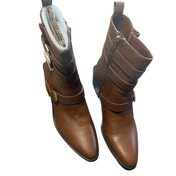 Vince Camuto Leather Buckle Mid-Shaft Zip Boots Kempreea Cocoa Biscuit 9.5 NIB