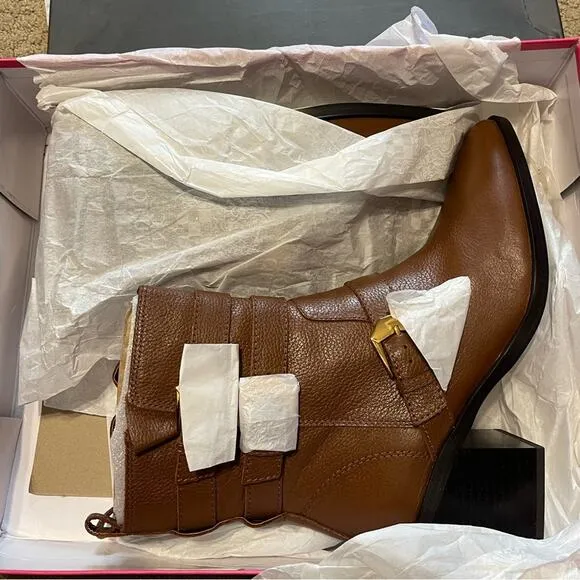Vince Camuto Leather Buckle Mid-Shaft Zip Boots Kempreea Cocoa Biscuit 9.5 NIB