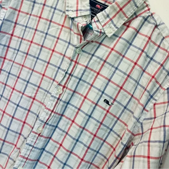 Vineyard Vines slim fit whale shirt plaid white blue size Large