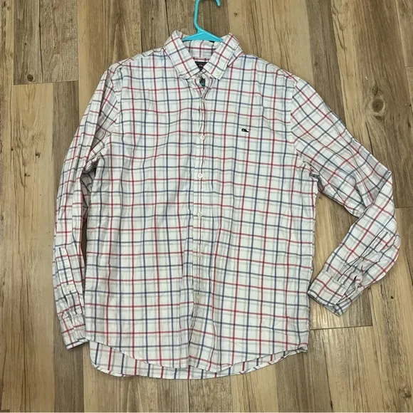 Vineyard Vines slim fit whale shirt plaid white blue size Large