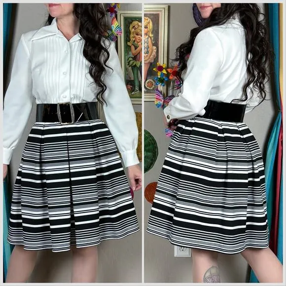 Vintage 1970s Black and White Striped Long Sleeve Pleated Belted Minidress