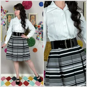 Vintage 1970s Black and White Striped Long Sleeve Pleated Belted Minidress