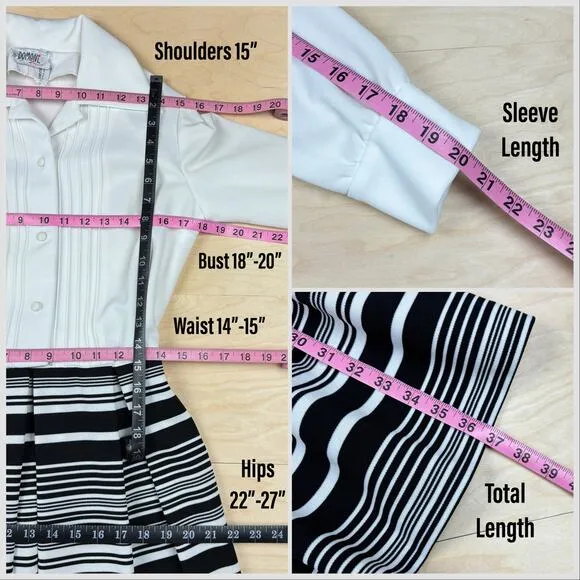 Vintage 1970s Black and White Striped Long Sleeve Pleated Belted Minidress