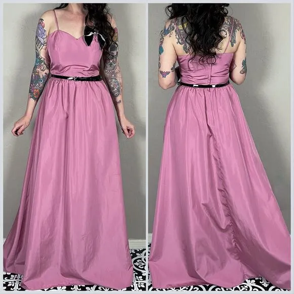 Vintage 1970s Pink Empire Waist Belted Prom Gown