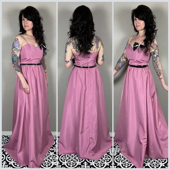 Vintage 1970s Pink Empire Waist Belted Prom Gown
