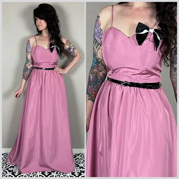 Vintage 1970s Pink Empire Waist Belted Prom Gown