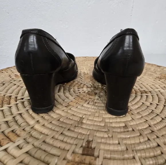 Vintage 1990s Y2K Chunky Wedge Square Toe Brown Mary Jane Shoes 7.5