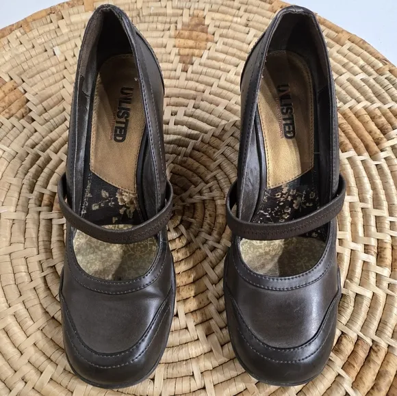 Vintage 1990s Y2K Chunky Wedge Square Toe Brown Mary Jane Shoes 7.5
