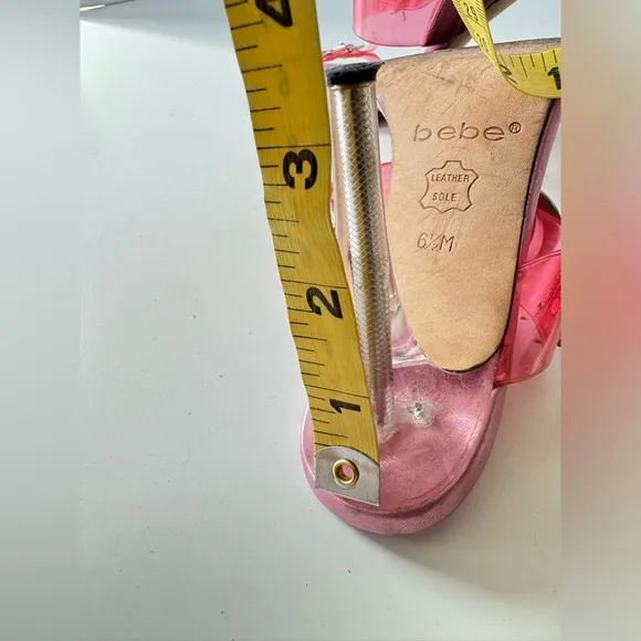 Vintage 90s Y2K BEBE Patent Clear Pink Buckle Strappy Heel Sandals Size 6.5