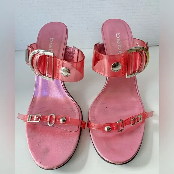 Vintage 90s Y2K BEBE Patent Clear Pink Buckle Strappy Heel Sandals Size 6.5