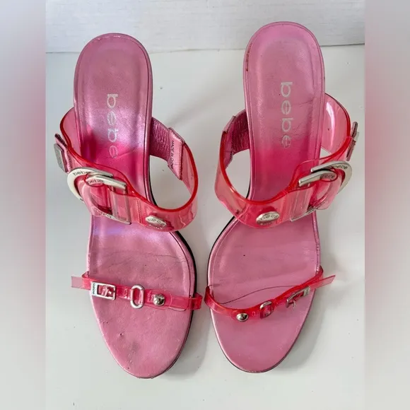 Vintage 90s Y2K BEBE Patent Clear Pink Buckle Strappy Heel Sandals Size 6.5