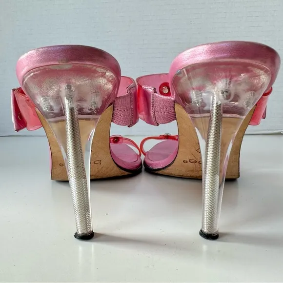 Vintage 90s Y2K BEBE Patent Clear Pink Buckle Strappy Heel Sandals Size 6.5