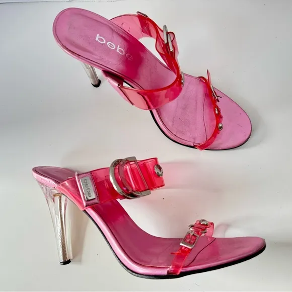 Vintage 90s Y2K BEBE Patent Clear Pink Buckle Strappy Heel Sandals Size 6.5
