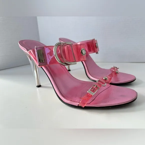 Vintage 90s Y2K BEBE Patent Clear Pink Buckle Strappy Heel Sandals Size 6.5