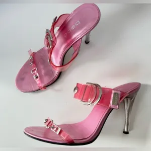 Vintage 90s Y2K BEBE Patent Clear Pink Buckle Strappy Heel Sandals Size 6.5