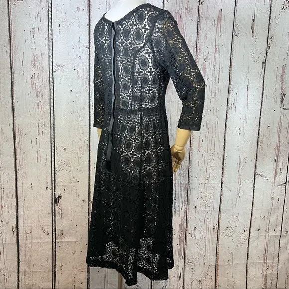 Vintage Crochet Floral Lace Black Sheer Cocktail Fit &amp; Flare Dress SMALL EUC