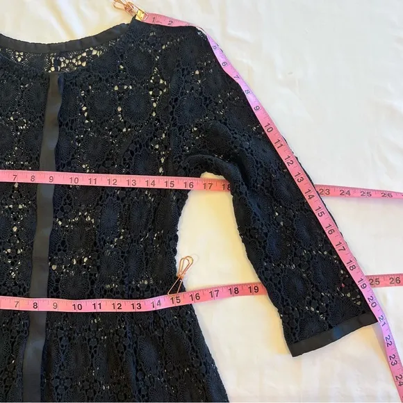 Vintage Crochet Floral Lace Black Sheer Cocktail Fit &amp; Flare Dress SMALL EUC