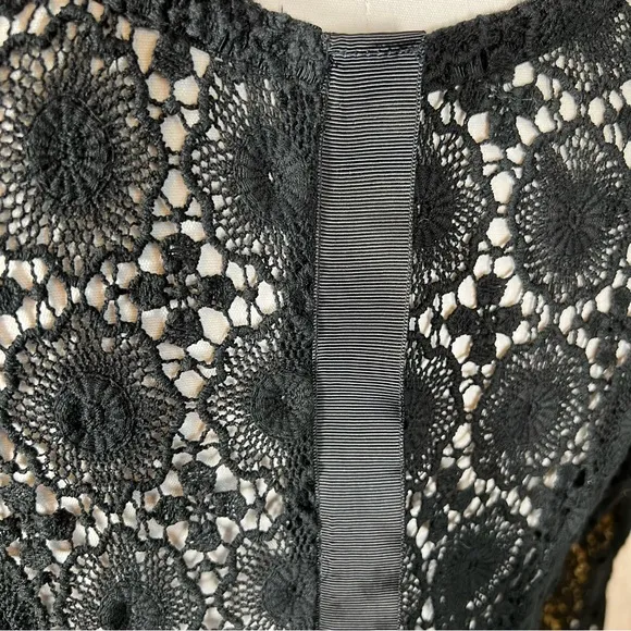 Vintage Crochet Floral Lace Black Sheer Cocktail Fit &amp; Flare Dress SMALL EUC