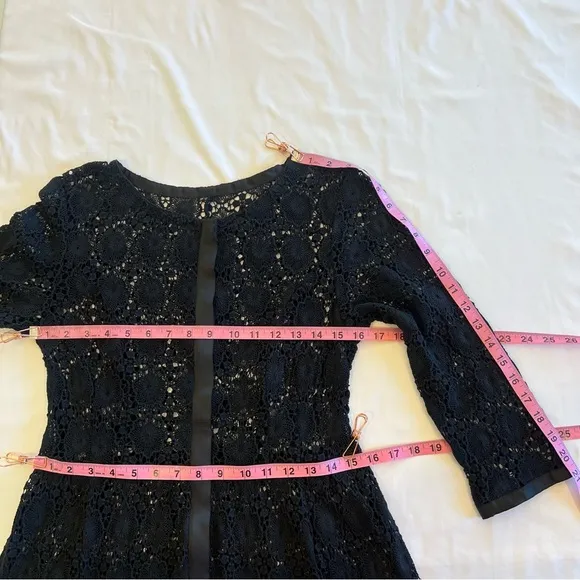 Vintage Crochet Floral Lace Black Sheer Cocktail Fit &amp; Flare Dress SMALL EUC