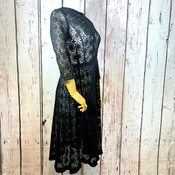 Vintage Crochet Floral Lace Black Sheer Cocktail Fit &amp; Flare Dress SMALL EUC