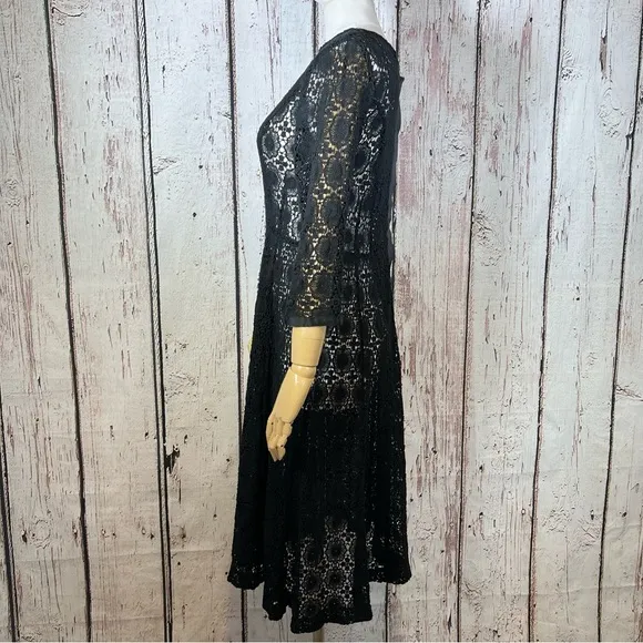 Vintage Crochet Floral Lace Black Sheer Cocktail Fit &amp; Flare Dress SMALL EUC