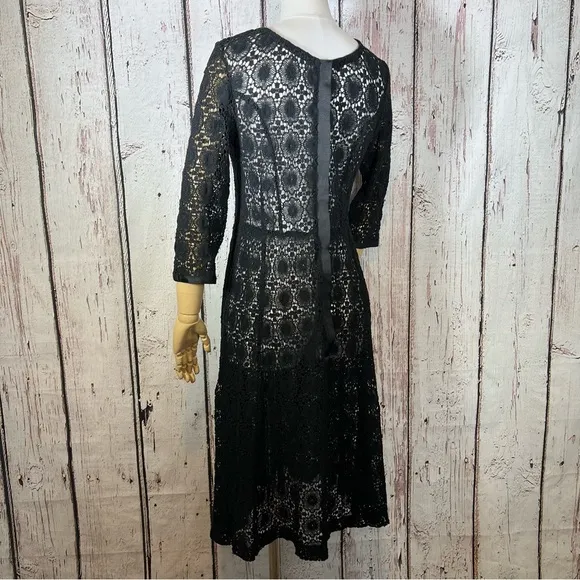 Vintage Crochet Floral Lace Black Sheer Cocktail Fit &amp; Flare Dress SMALL EUC