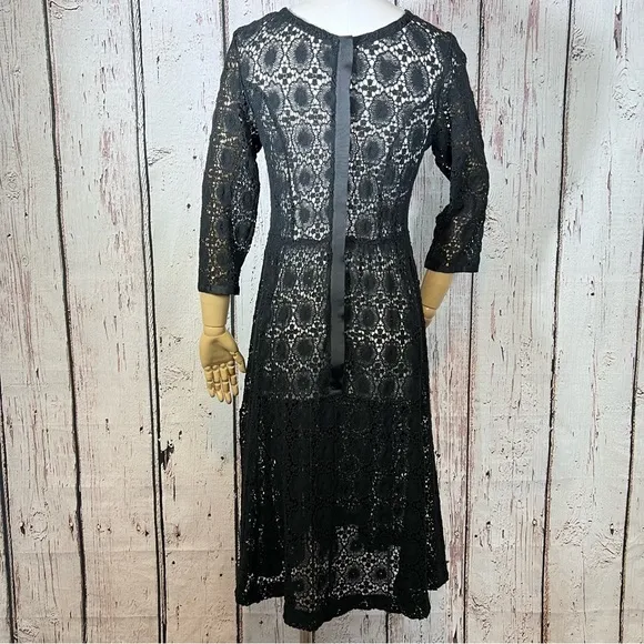 Vintage Crochet Floral Lace Black Sheer Cocktail Fit &amp; Flare Dress SMALL EUC