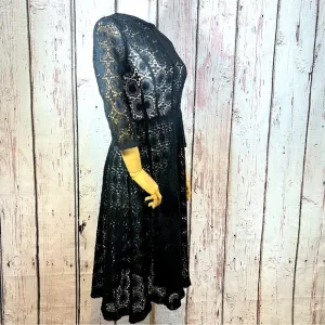 Vintage Crochet Floral Lace Black Sheer Cocktail Fit &amp; Flare Dress SMALL EUC