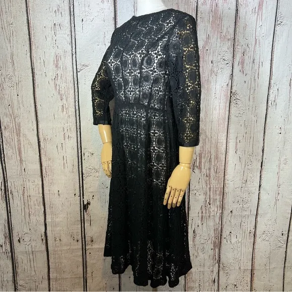Vintage Crochet Floral Lace Black Sheer Cocktail Fit &amp; Flare Dress SMALL EUC