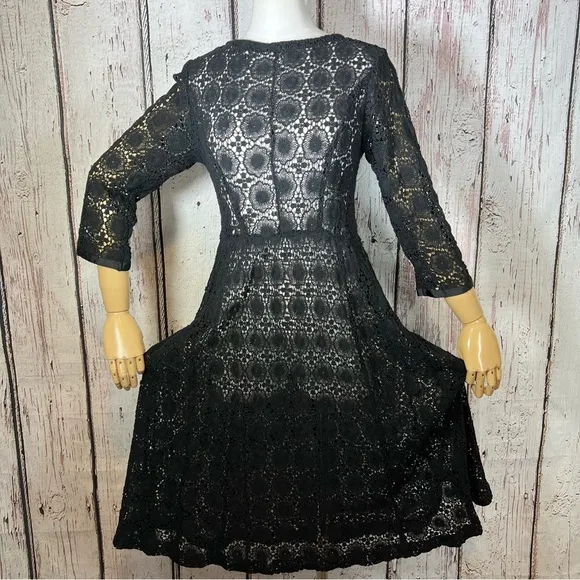Vintage Crochet Floral Lace Black Sheer Cocktail Fit &amp; Flare Dress SMALL EUC